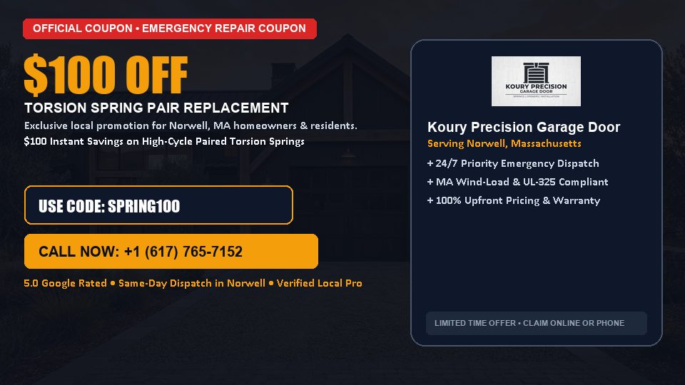 $100 OFF Dual High-Cycle Torsion Spring Replacement in Norwell, MA - Koury Precision Garage Door