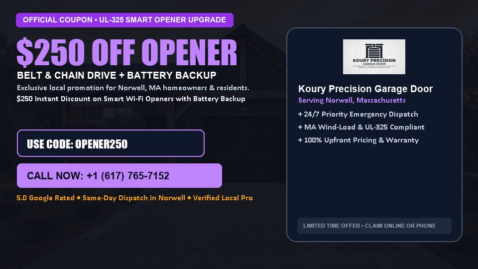 $250 OFF Smart Wi-Fi Garage Door Opener Installation in Norwell, MA - Koury Precision Garage Door