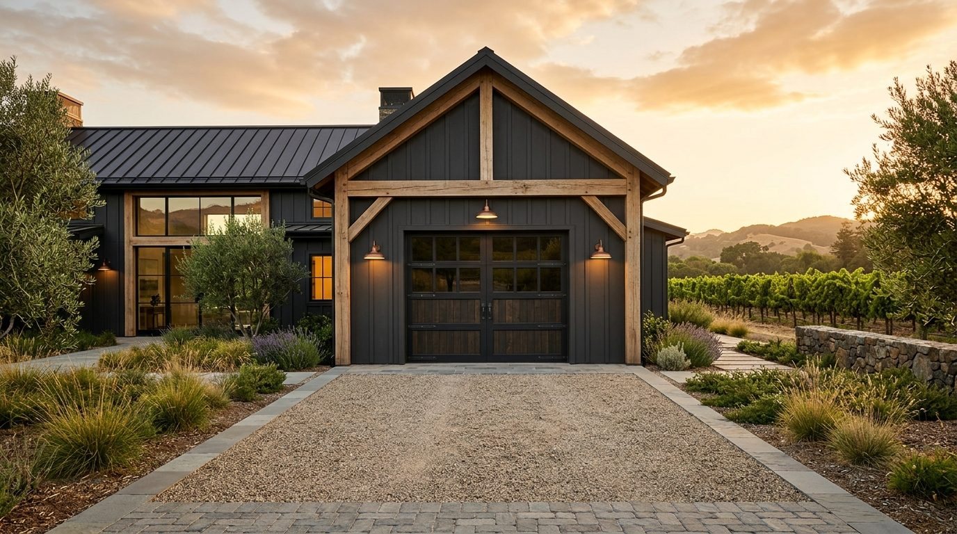 Koury Precision Garage Door Exterior Closed Garage Door at Twilight