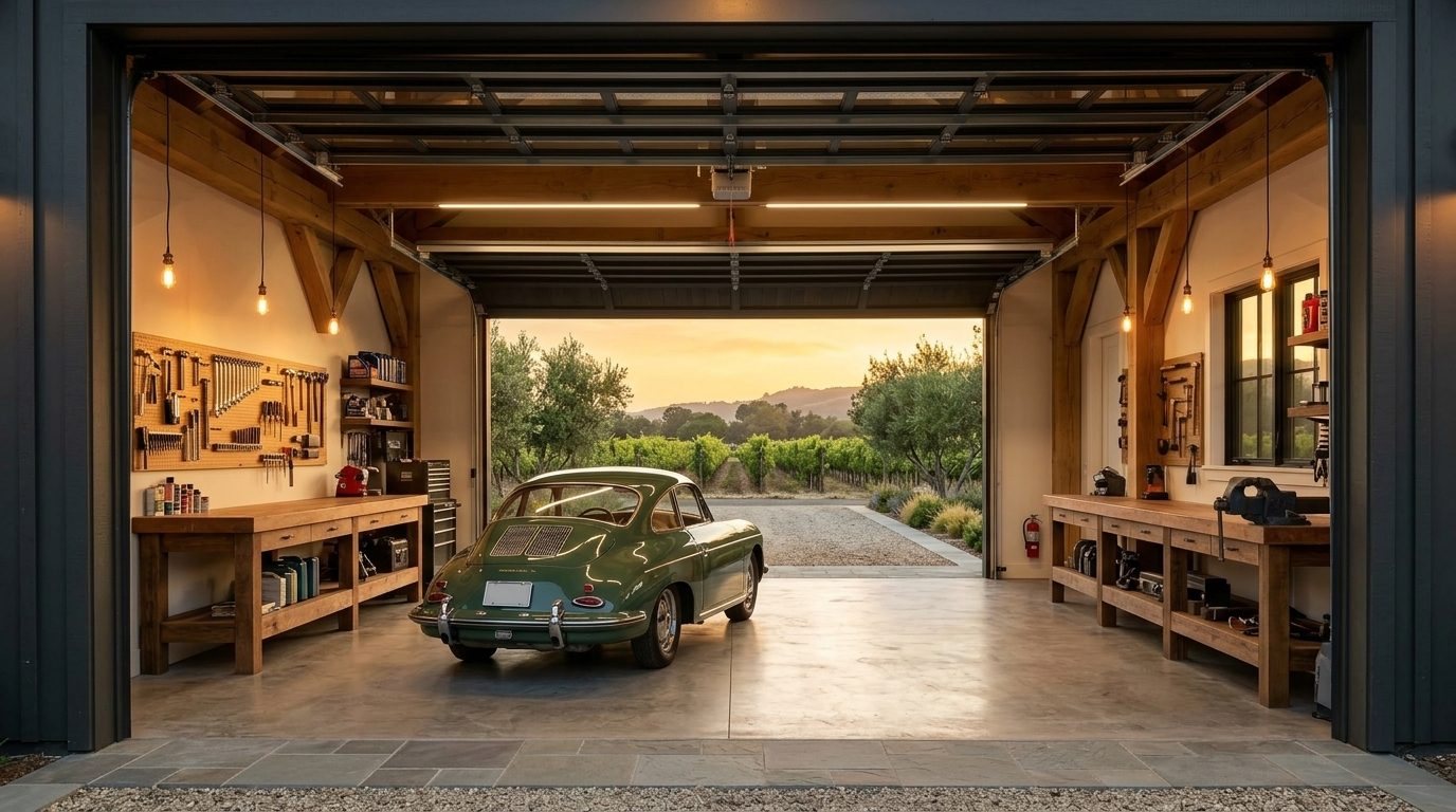 Koury Precision Garage Door Interior View of Custom Garage Door Overhead and Workshop